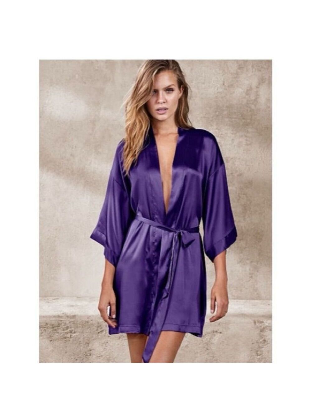 Victoria's Secret Women's Standard XS Purple Satin Kimono Robe 3/4 Sleeve Tie